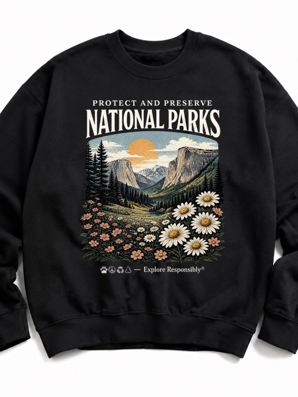 Black Short Sleeve Tee with Vintage National Parks Floral Graphic